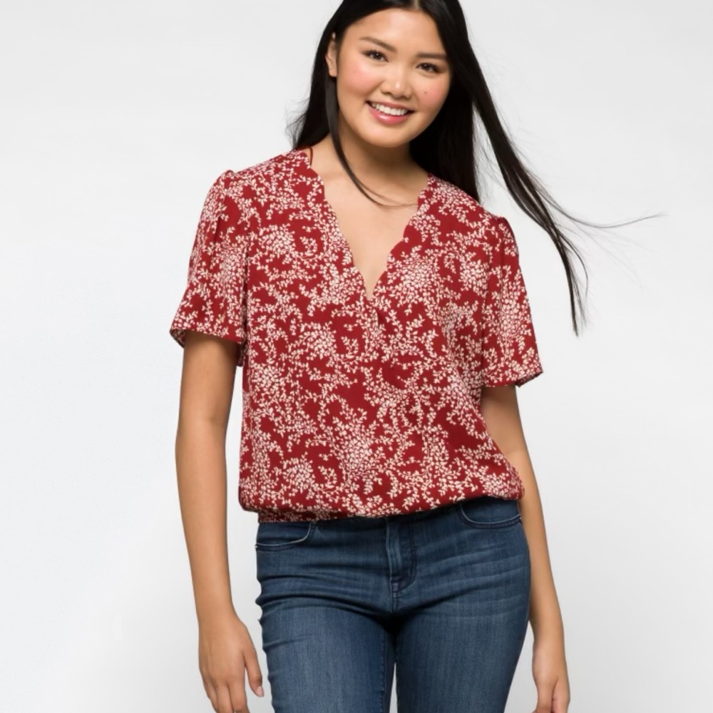 Nine Britton Red Floral V-Neck Blouse